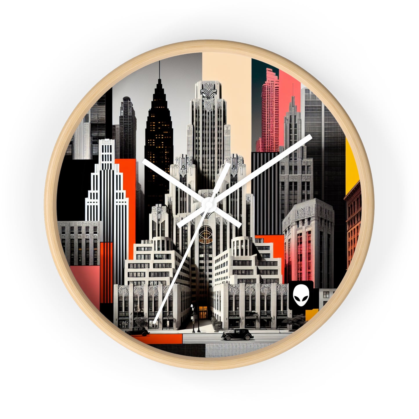 "A Contrast of Times: Classic Art Deco Skyscrapers and a Modern Cityscape" - The Alien Wall Clock Art Deco Style