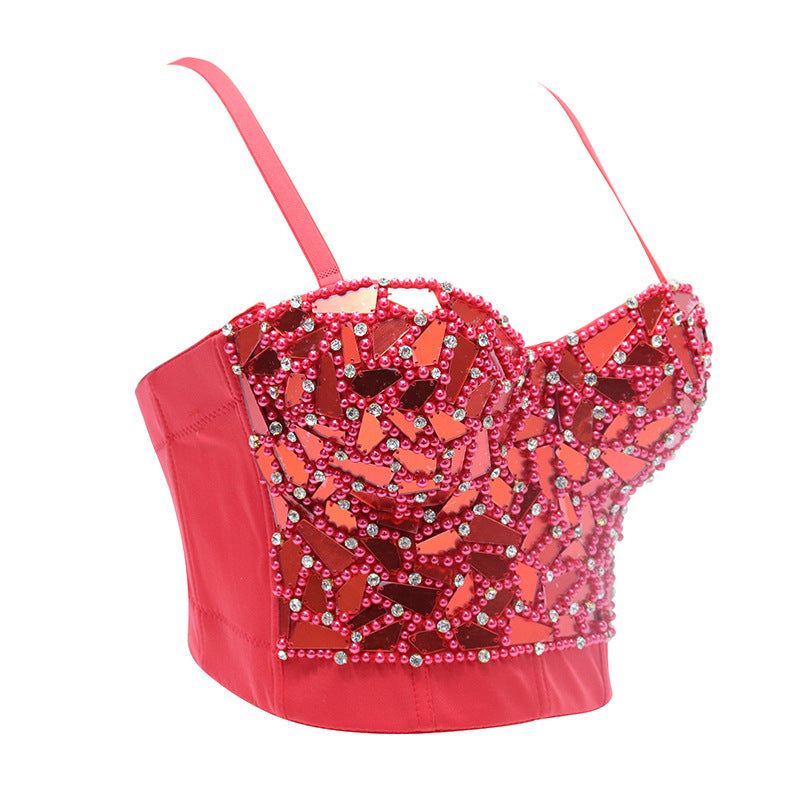 Red de eslinga dorada, espectáculo de danza de estrella roja, ropa de actuación, chaleco con cuentas de cristal y lentejuelas, pecho envuelto para mujer