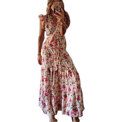 Frühling Sommer Frauen Sexy Print Lace-up Kleid Frauen