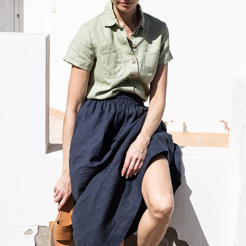 Camisa de manga corta para mujer, camisa informal de Color sólido de nicho de primavera y verano, Top corto ajustado de lino y algodón con dos bolsillos