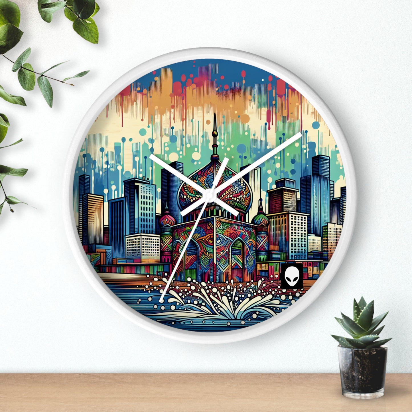 "Bright City: A Pop of Color on the Skyline" - The Alien Wall Clock Street Art / Graffiti Style