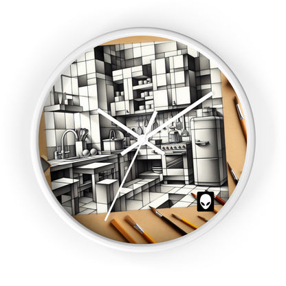 "Cubist Kitchen Collage" - Die Alien Wanduhr im Kubismus Stil