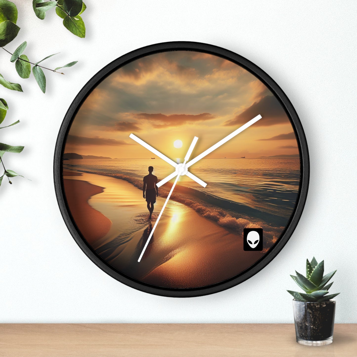 "Un paseo por la playa al atardecer" - El reloj de pared alienígena estilo fotorrealismo