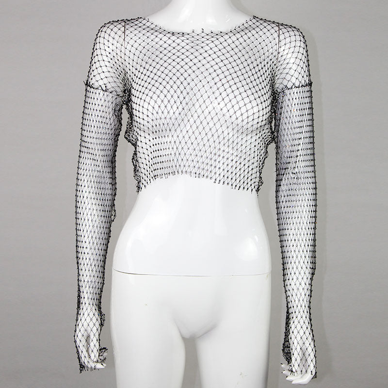 Women Clothing Night Club Top Fishnet Perspective Rhinestone Outerwear T shirt Blouse