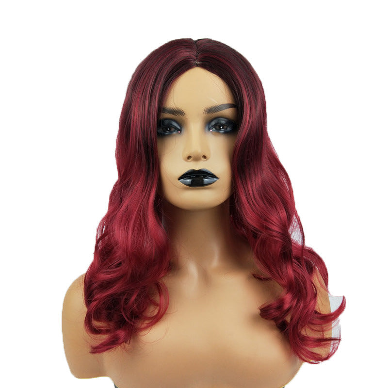 Perücke, weiblich, Burgunderrot, langes lockiges Haar, große gewellte Farbverlaufsfarbe