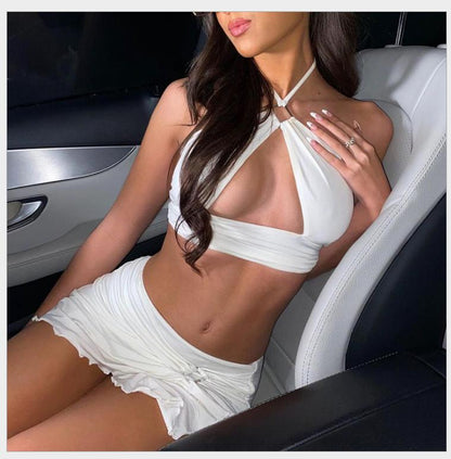 Sexy Crop Top Mini Skirts Two Piece Sets Women Halter Top Tees Summer Rave Matching Set Fashion Outfits Sleeveless Women's Set