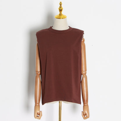 Kurzärmliges T-Shirt für Damen, Herbst, Basic-Pullover mit Rundhalsausschnitt, lässig, ärmellos, gepolsterte Schulterpartie