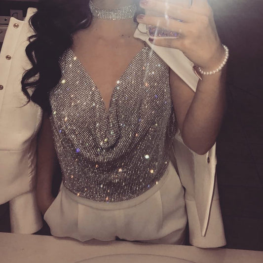 Ropa de mujer Chaleco con diamantes de imitación Traje sexy para fiesta en discoteca Top con tirantes y diamantes de imitación