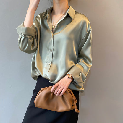 Camisa Primavera Coreano Color Sólido Elegante Suelta Adelgazante Camisa De Manga Larga Con Cuello Para Mujer