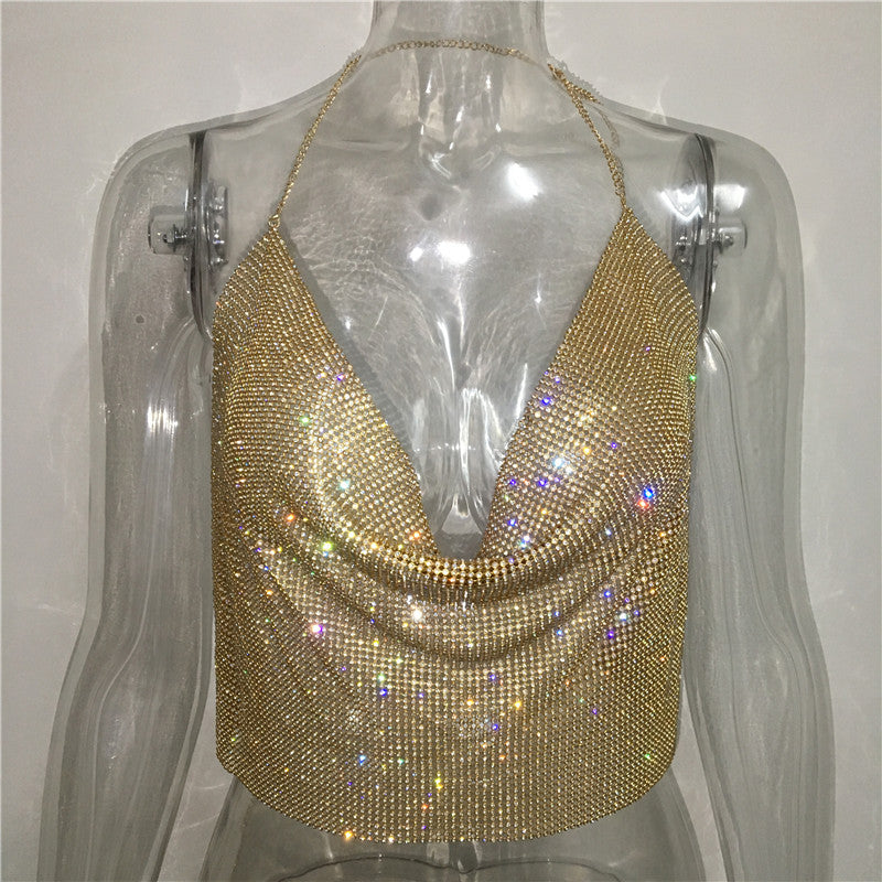 Ropa de mujer Chaleco con diamantes de imitación Traje sexy para fiesta en discoteca Top con tirantes y diamantes de imitación