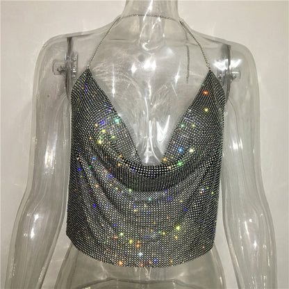 Ropa de mujer Chaleco con diamantes de imitación Traje sexy para fiesta en discoteca Top con tirantes y diamantes de imitación