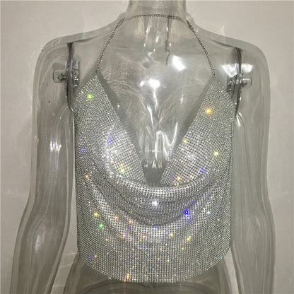 Ropa de mujer Chaleco con diamantes de imitación Traje sexy para fiesta en discoteca Top con tirantes y diamantes de imitación