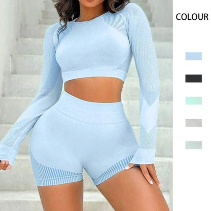 Seamless Knitted Sports Long Sleeve Shorts Yoga Clothes Suit Women