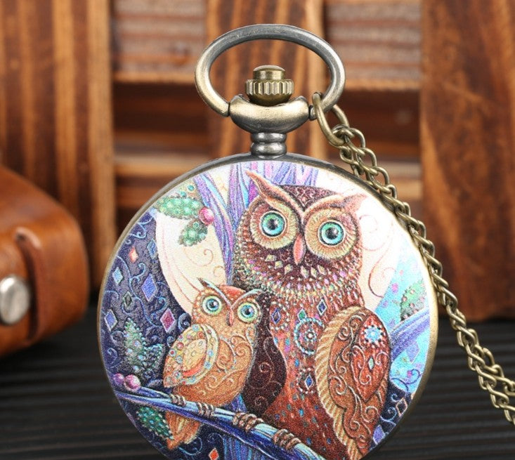 Flip Cartoon Owl Pattern Reloj de bolsillo Lindo estudiante