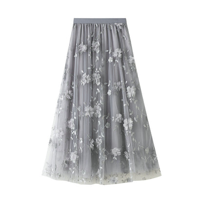 Mesh Embroidery Heavy Work Skirt Plus Size Gauze Skirt Autumn A line Artistic High Waist Long Skirt