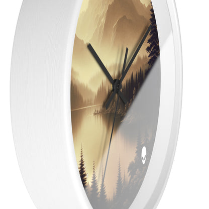 "Amanecer en el lago: Una mañana de montaña con niebla" - El estilo tonalista del reloj de pared alienígena