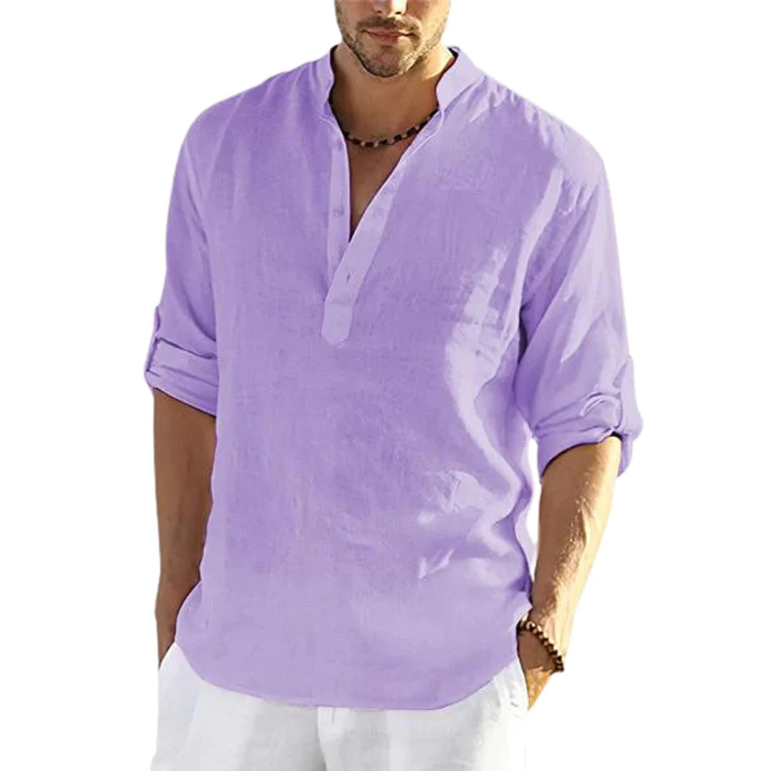 Camisa casual de manga larga de color sólido de lino y algodón para hombre con cuello suelto