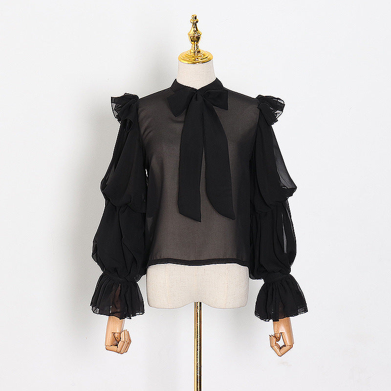 Women Sexy Sheer Top Bubble Long Sleeve Chiffon Shirt Women