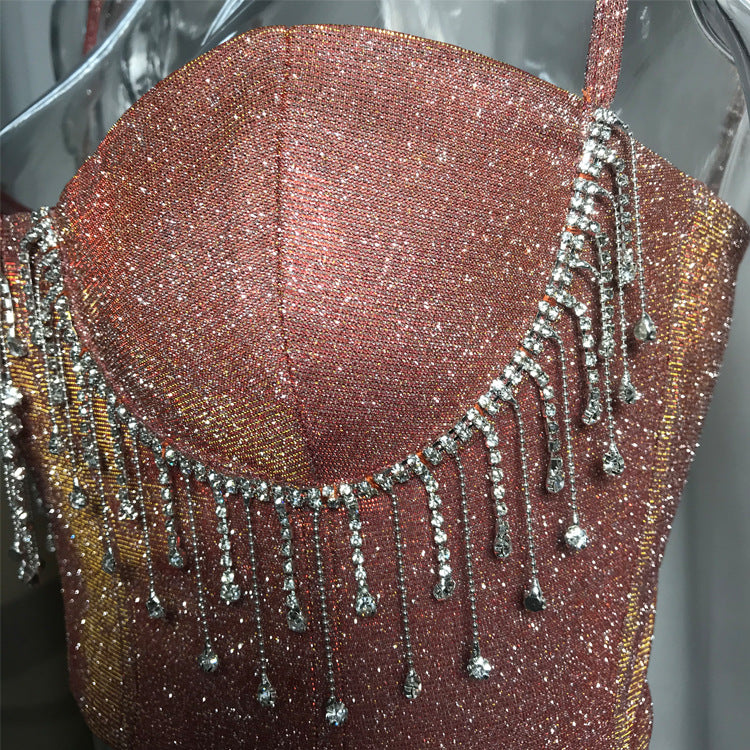 Sexy Nightclub Slim Fit Rhinestone-Encrusted Tassel Suspender Backless Vest Women Two Colors