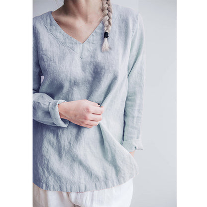 Pure Linen V neck Long Sleeve Top Women Spring Basic Artistic Simple T shirt All Match Loose Cotton Linen Bottoming Shirt Women