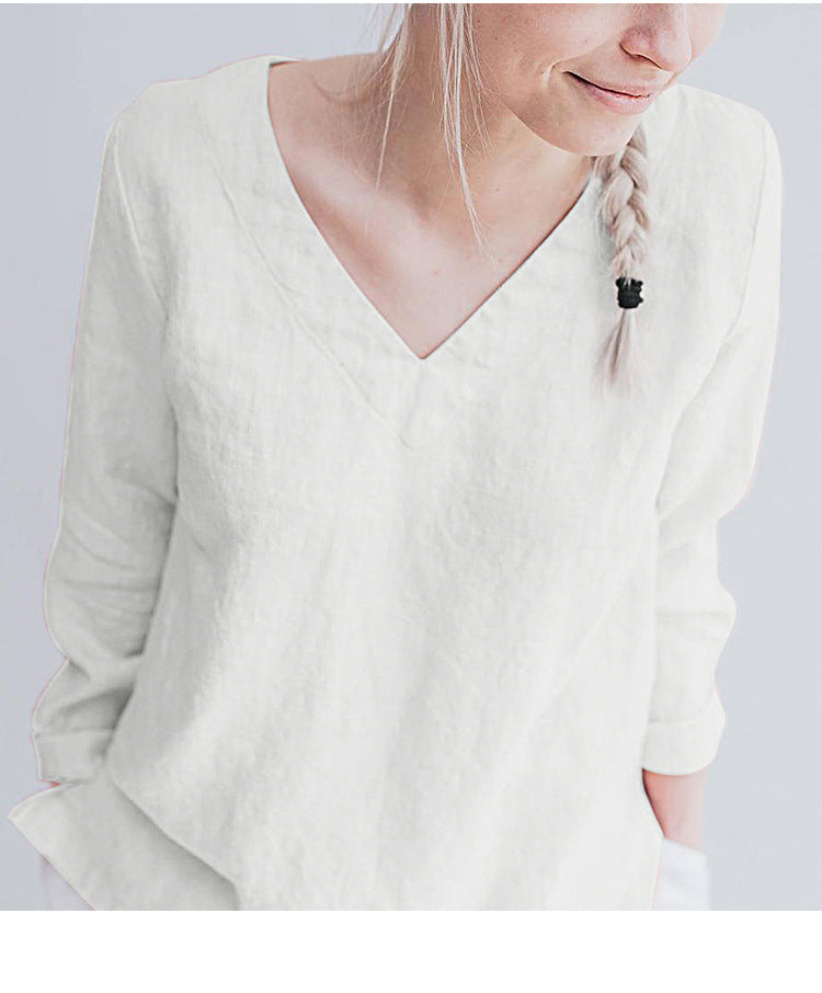 Pure Linen V neck Long Sleeve Top Women Spring Basic Artistic Simple T shirt All Match Loose Cotton Linen Bottoming Shirt Women