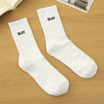 Simple English Letters White Men's And Women's Same Style Comfortable Breathable Calf Socks