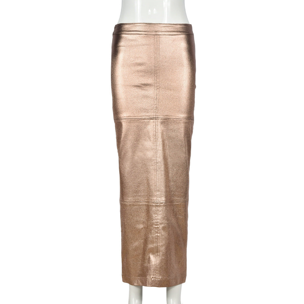 Slim-fit Sheath Patchwork Slit PU Leather European And American Skirt