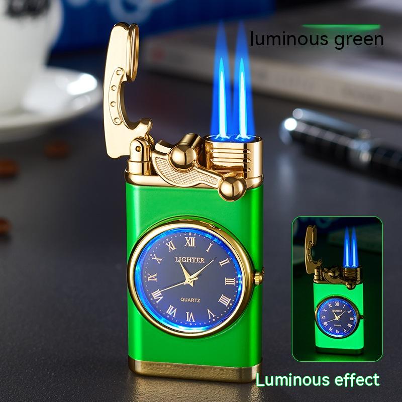 Nuevo encendedor con reloj eléctrico Brazo basculante Encendido automático Encendedor de llama azul recto Esfera real creativa Encendedor inflable a prueba de viento Reloj para hombres Regalo