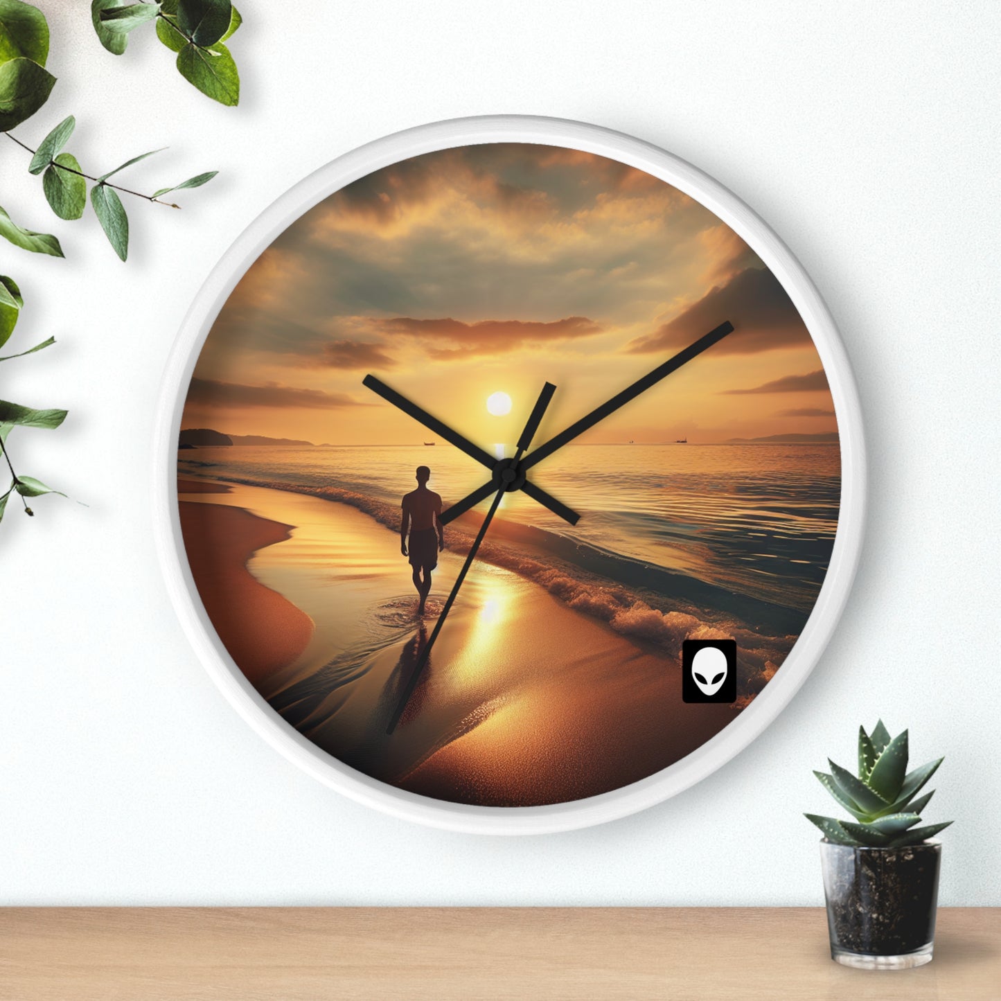 "A Stroll Along the Beach at Sunset" - The Alien Wall Clock Photorealism Style