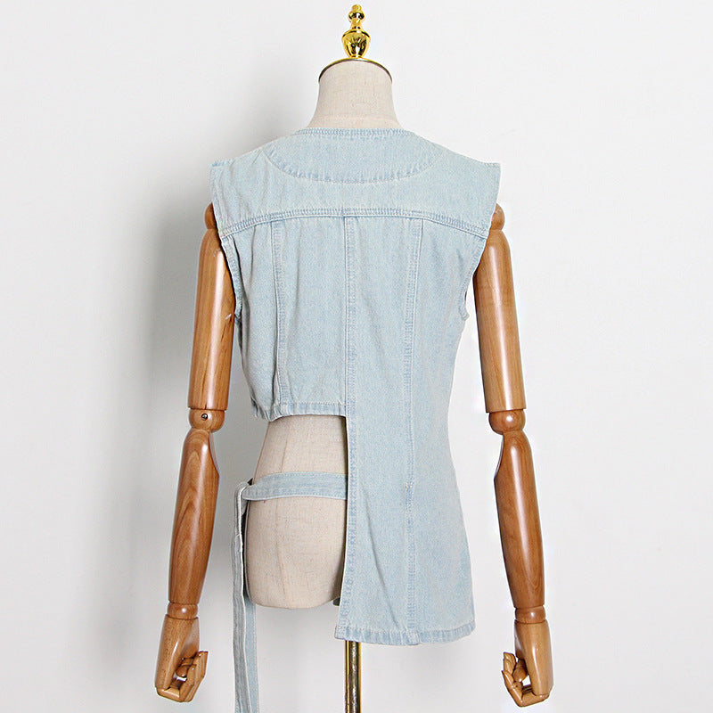 Summer Niche round Neck Single-Breasted Design Irregular Asymmetric with Personality Washed Light Color Denim Vest Top