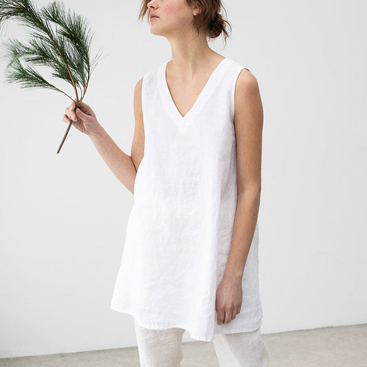 Pure Linen Vest V Neck Sleeveless T Shirt Women Clothing Simple Mid Length Solid Color Cotton Linen Top