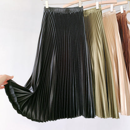 Metallic Coated Fabric High Waist Satin Pleated Skirt Spring Summer Women Retro Mid-Length Slimming A- line Skirt