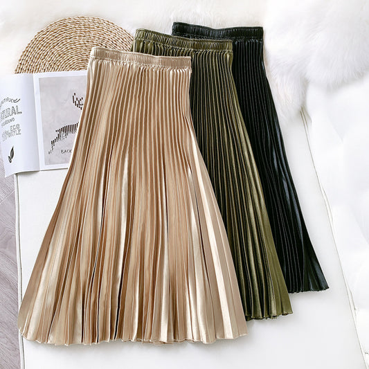 Metallic Coated Fabric High Waist Satin Pleated Skirt Spring Summer Women Retro Mid-Length Slimming A- line Skirt