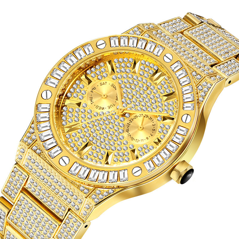 Hip-Hop-Stil Diamant-High-End-Quadrat-Diamant-großes Zifferblatt wasserdichte Herren-Quarzuhr