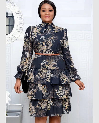 Women Clothing Digital Printing High Waist Office Dress