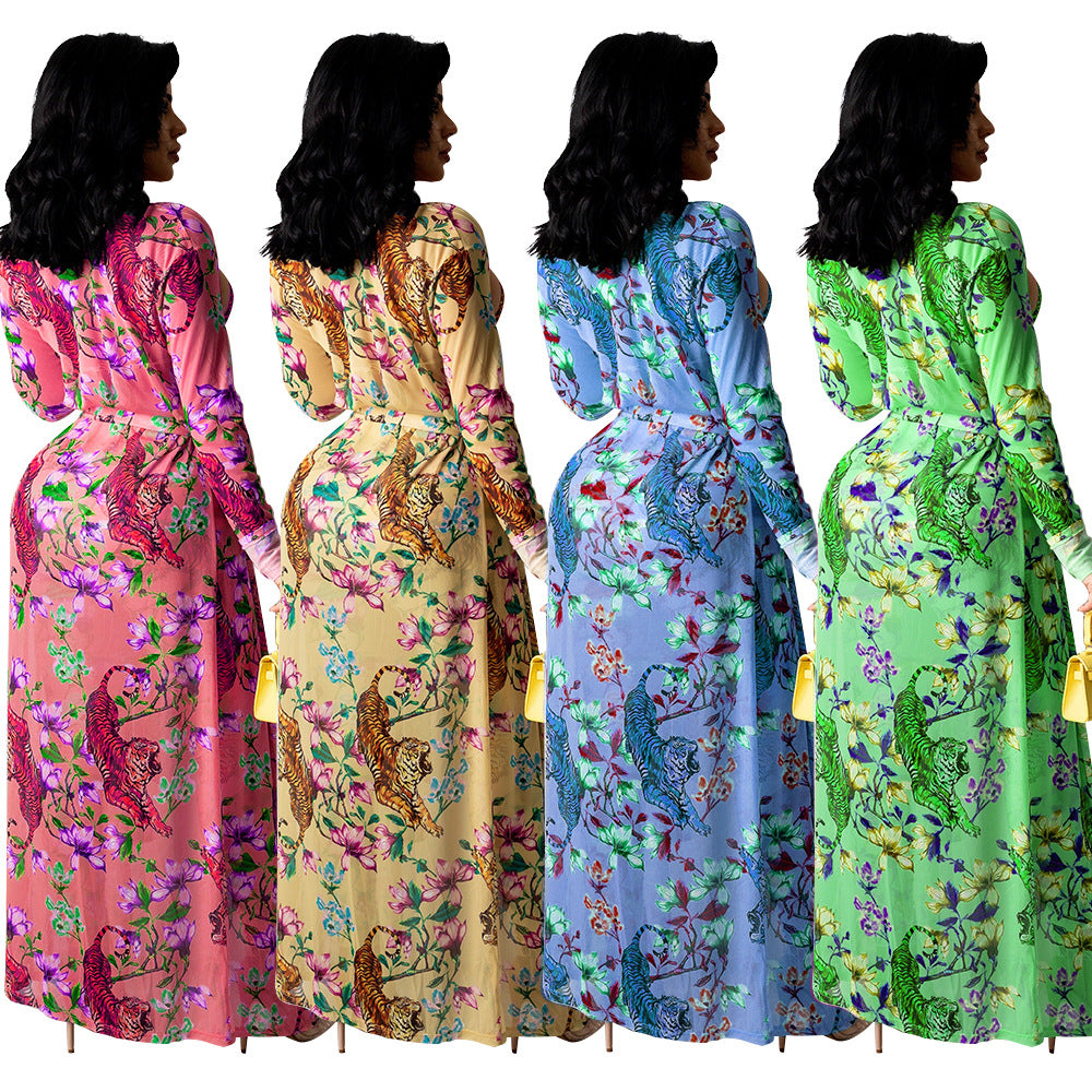 Women's Mesh See-through Shawl Long Coat Three-piece Set
