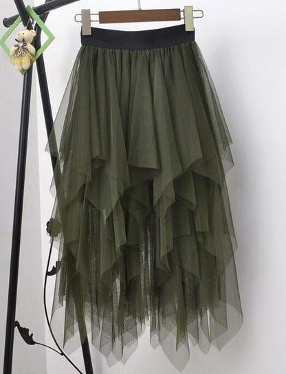 Spring Autumn Irregular Asymmetric Bottom Stitching Puffy Mesh Skirt High Waist Mesh Skirt Fairy Tide Skirt