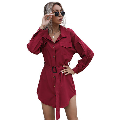 Women Clothing Autumn with Belt Solid Color Long Sleeve Cardigan Long Shirt for Women