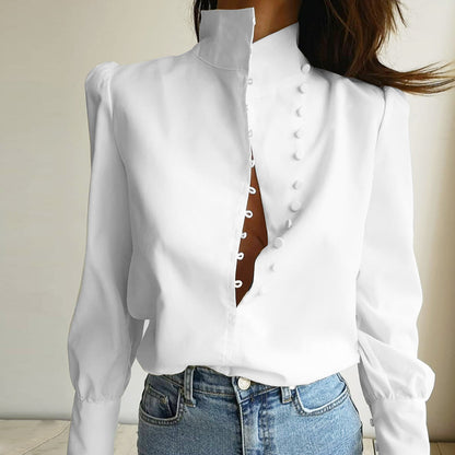 Camisa de manga larga con cuello alto para mujer, camisa informal holgada de oficina blanca de otoño