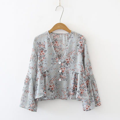 Breasted Skirt Baby Shirt Top Fresh Vintage Floral V neck Flared Sleeves Chiffon Shirt for Women