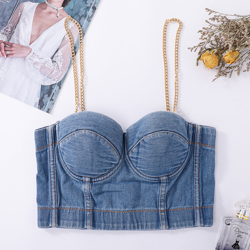 Abnehmbarer, goldener Ketten-Schultergurt, Jeans-Tube-Top für die Oberbekleidung, beliebter Disco-Sling für den inneren Hip-Hop-BH für Damen