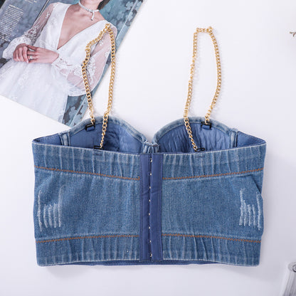 Removable Gold Chain Shoulder Strap Denim Tube Top for Outer Wear Popular Disco Sling for Inner Hip Hop Women Bra