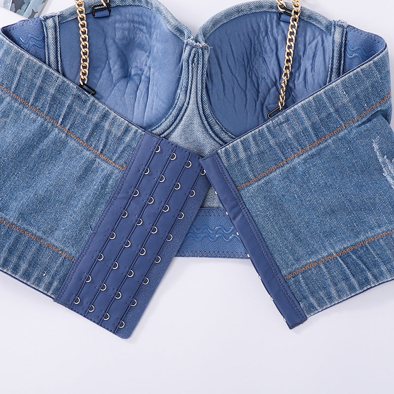 Removable Gold Chain Shoulder Strap Denim Tube Top for Outer Wear Popular Disco Sling for Inner Hip Hop Women Bra