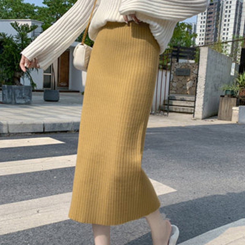 Knitted Skirt Women Autumn Winter with Sweater High Waist Mid Length Wool Thickened Split Hip Skirt Tide