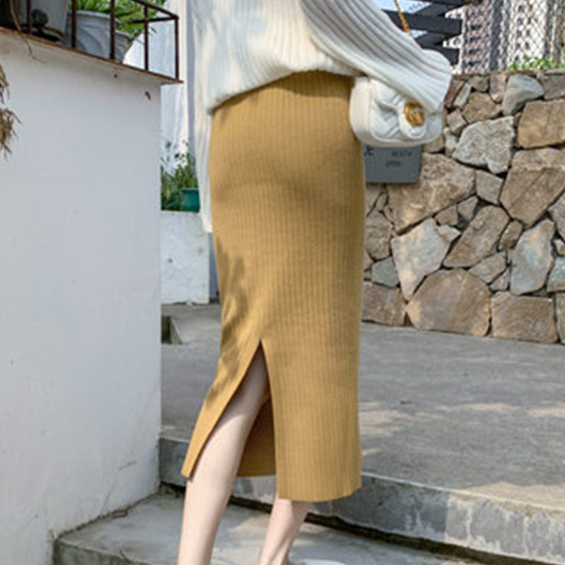 Knitted Skirt Women Autumn Winter with Sweater High Waist Mid Length Wool Thickened Split Hip Skirt Tide