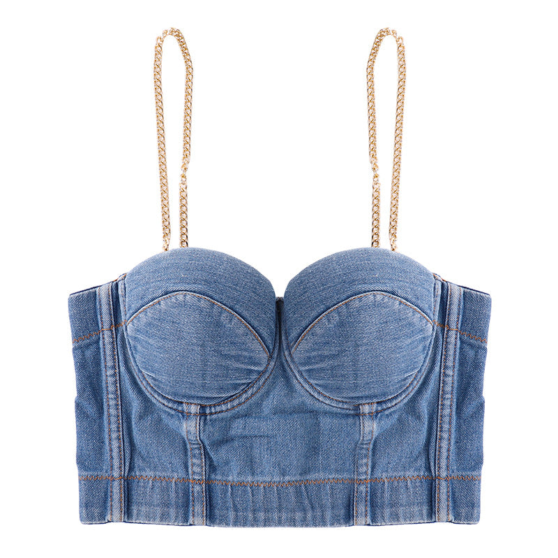 Removable Gold Chain Shoulder Strap Denim Tube Top for Outer Wear Popular Disco Sling for Inner Hip Hop Women Bra