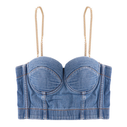 Removable Gold Chain Shoulder Strap Denim Tube Top for Outer Wear Popular Disco Sling for Inner Hip Hop Women Bra