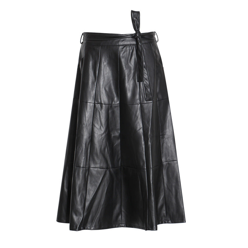 Autumn Australian Brand High Waist Bow Lace up Solid Color Soft Leather Long Large Hem Skirt Women