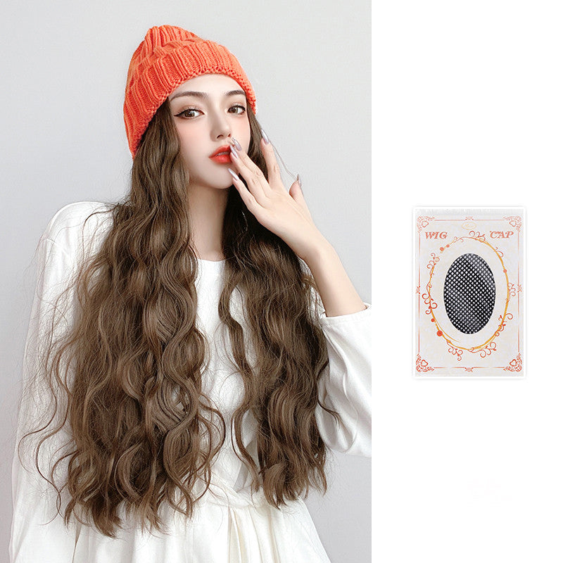 Perückenhut, integrierter Strickwollhut, langes lockiges Haar, Wasserwelligkeit