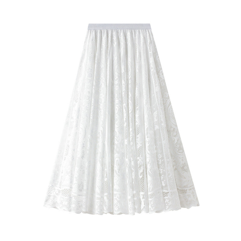 Water Soluble Lace Skirt Women Autumn Winter Sweater Mid Length High Waist A Line Skirt